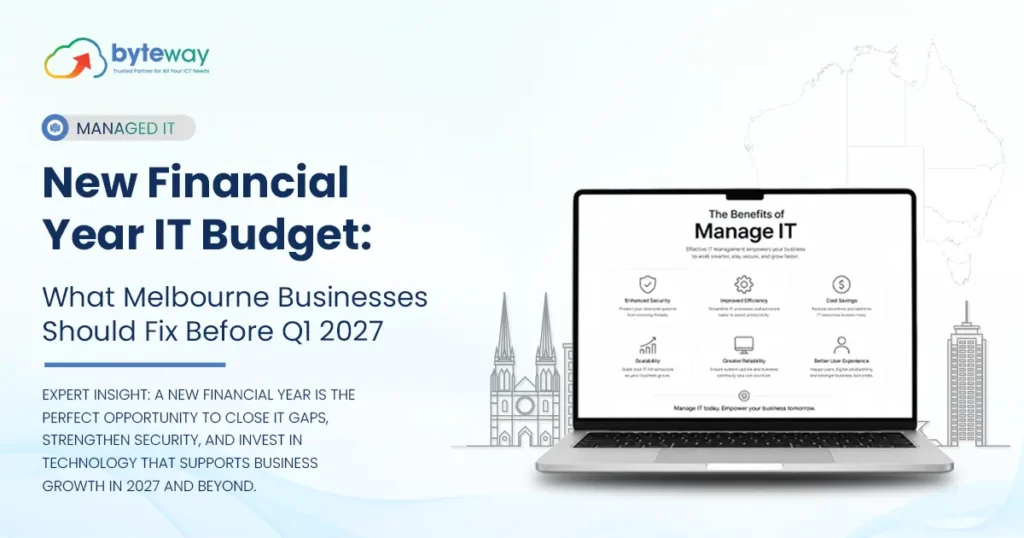 Melbourne business owner reviewing IT budget planning, cyber security risks, and technology upgrades for FY27 financial year